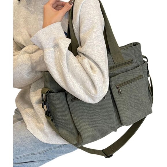 Green Corduroy Satchel Bag for Women, Large Capacity Multi-Pocket Tote Handbag w - Picture 7 of 9